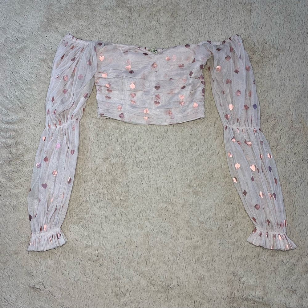 Lace And Beads Women’s Top Size 10 Long Sleeve Sheer Gold Suits Pink Festival